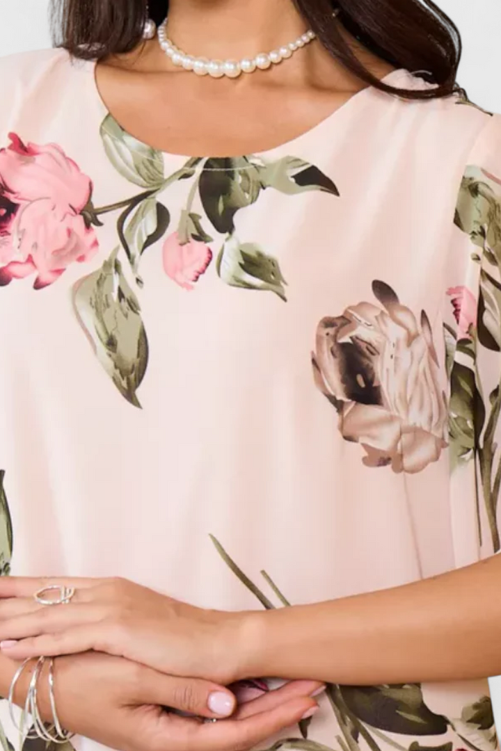 Tameka Vestido de Gasa Fluida con Pétalos y Mangas Transparentes