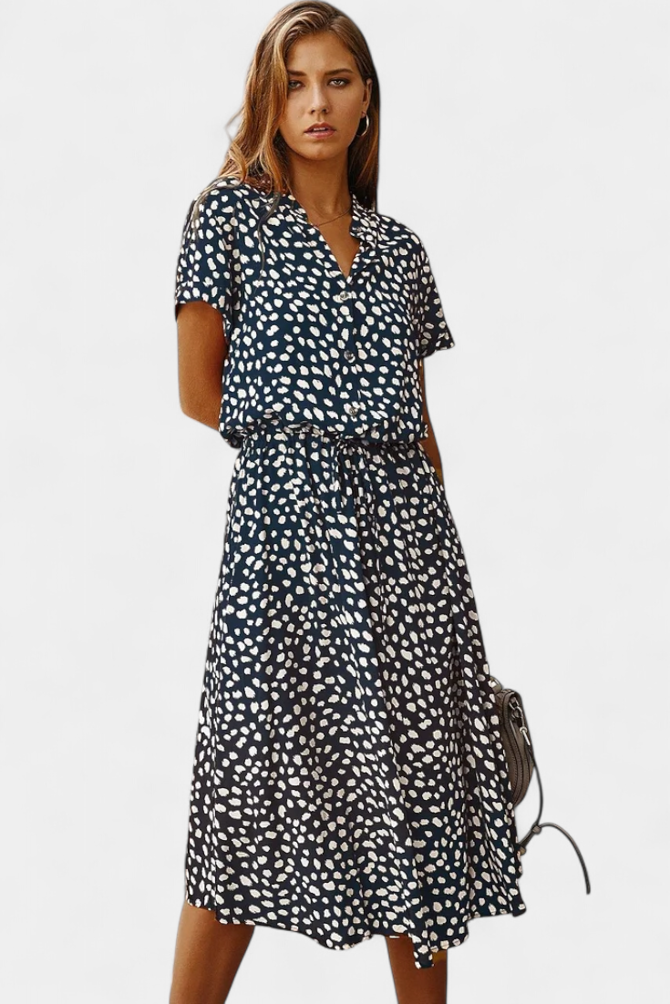 Rovena Vestido Midi de Lunares con Cuello Camisero y Cintura Ajustable