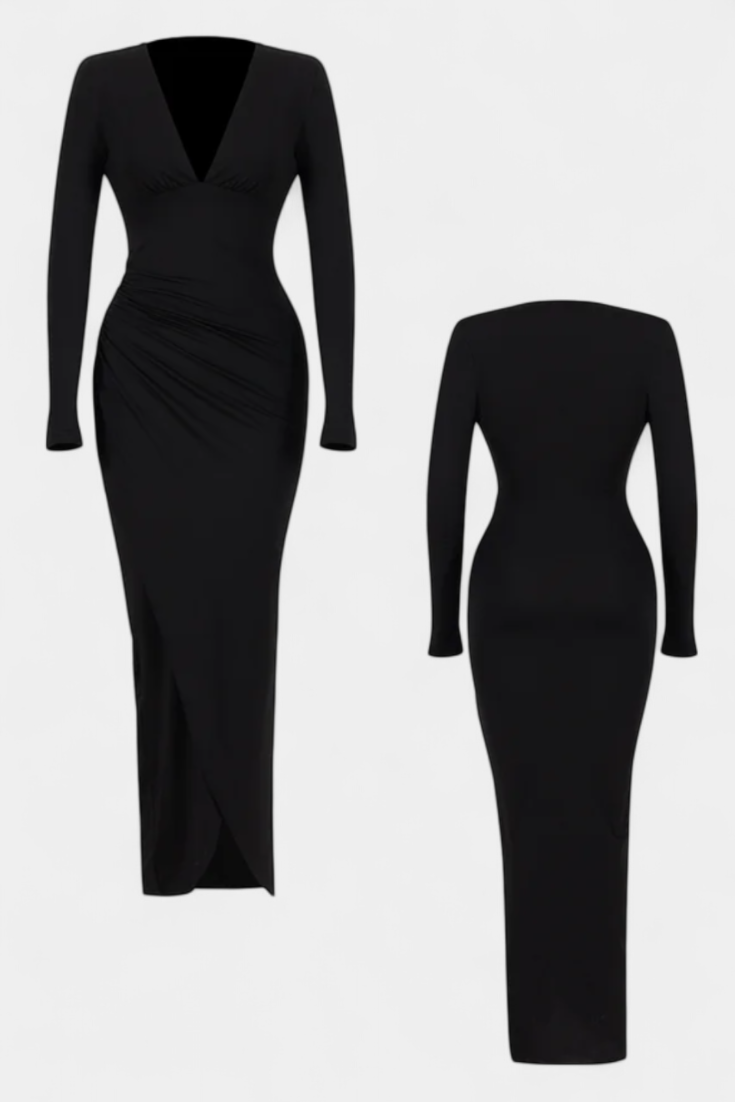 Freda Vestido de Manga Larga con Escote en V y Pliegues