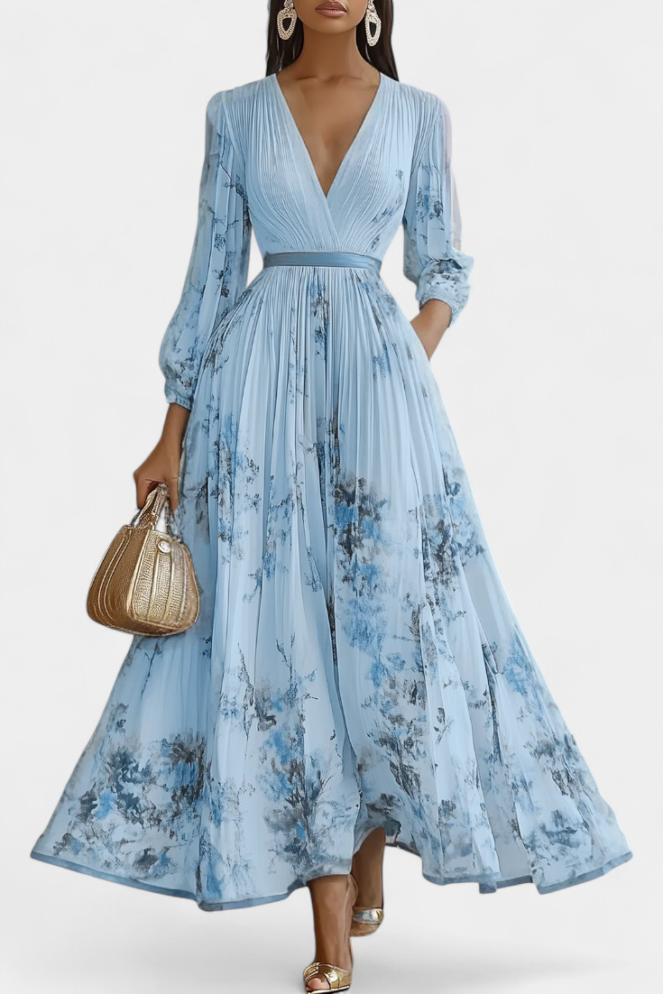 Phaedra Vestido Largo de Gasa Plisada con Mangas Globo