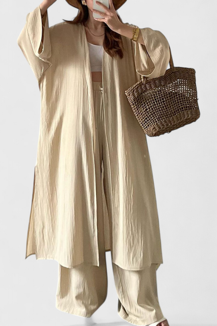 Suella Conjunto Casual de Dos Piezas con Cárdigan Largo y Abertura Lateral