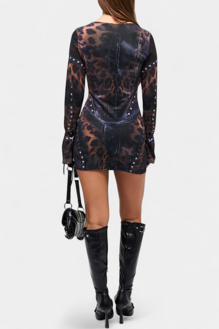 Tabea Vestido Mini con Manga Acampanada y Estampado de Ilusión