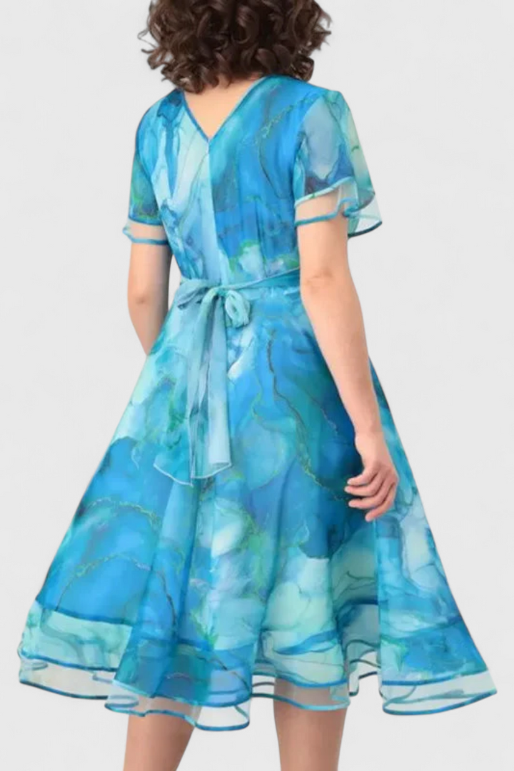 Almira Vestido Azul de Gasa con Estampado Acuarela