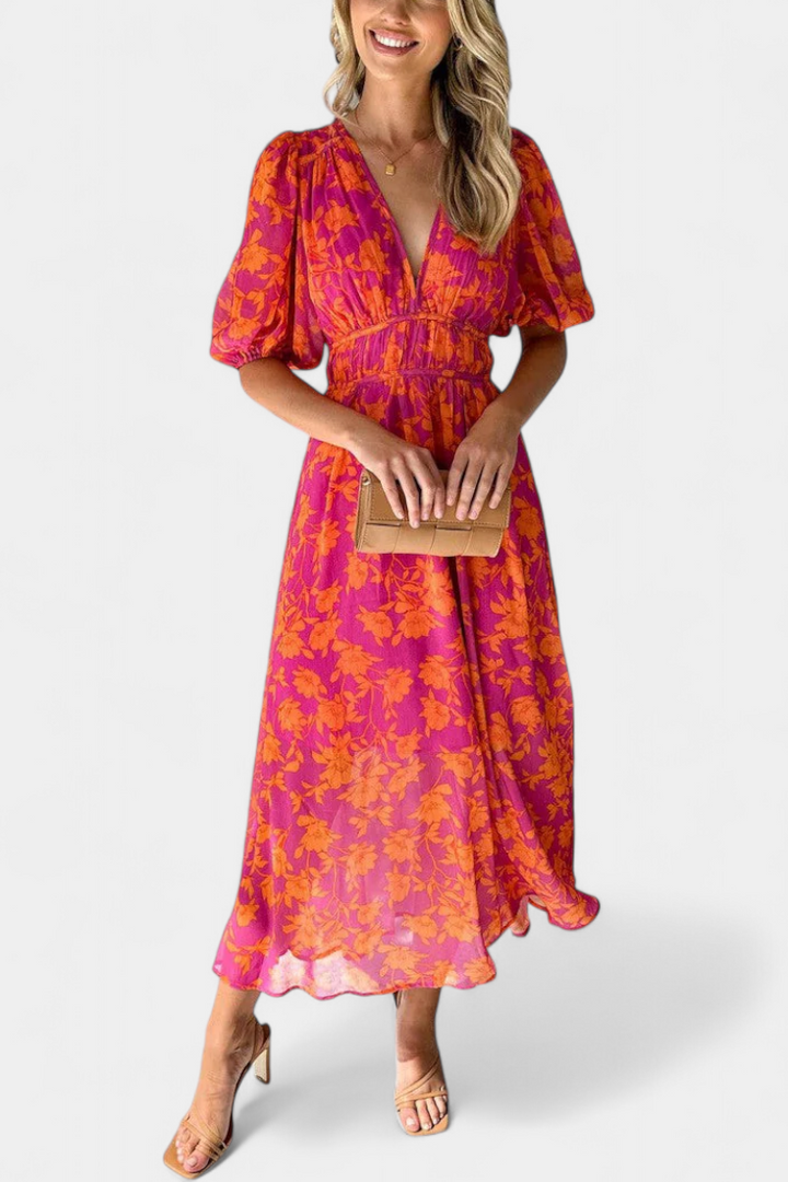 Wren Vestido Midi Floral con Escote en V y Mangas Abullonadas