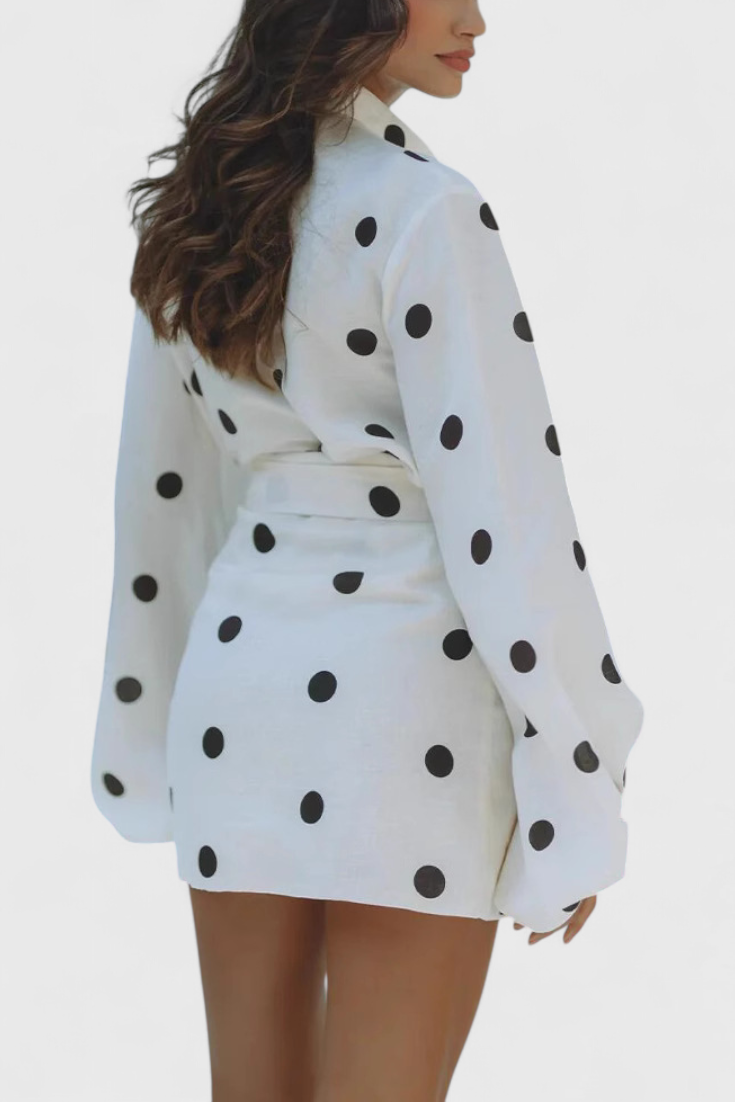 Romara Vestido Mini de Lunares con Manga Larga y Cintura Entallada