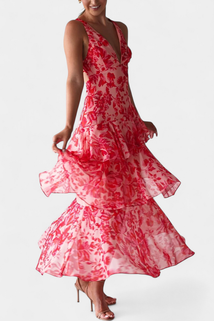 Domenica Vestido de Gasa con Escote en V y Capas Fluidas