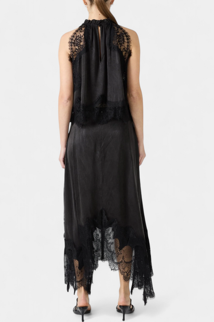 Coralena Conjunto de Falda Midi de Encaje con Dobladillo Asimétrico