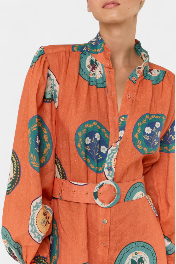 Sibley Vestido Maxi de Lino con Estampado Exclusivo y Cinturón