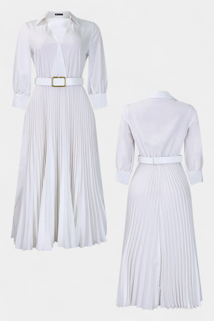 Michelle Vestido Midi con Cuello Sastrero y Cinturón Plisado