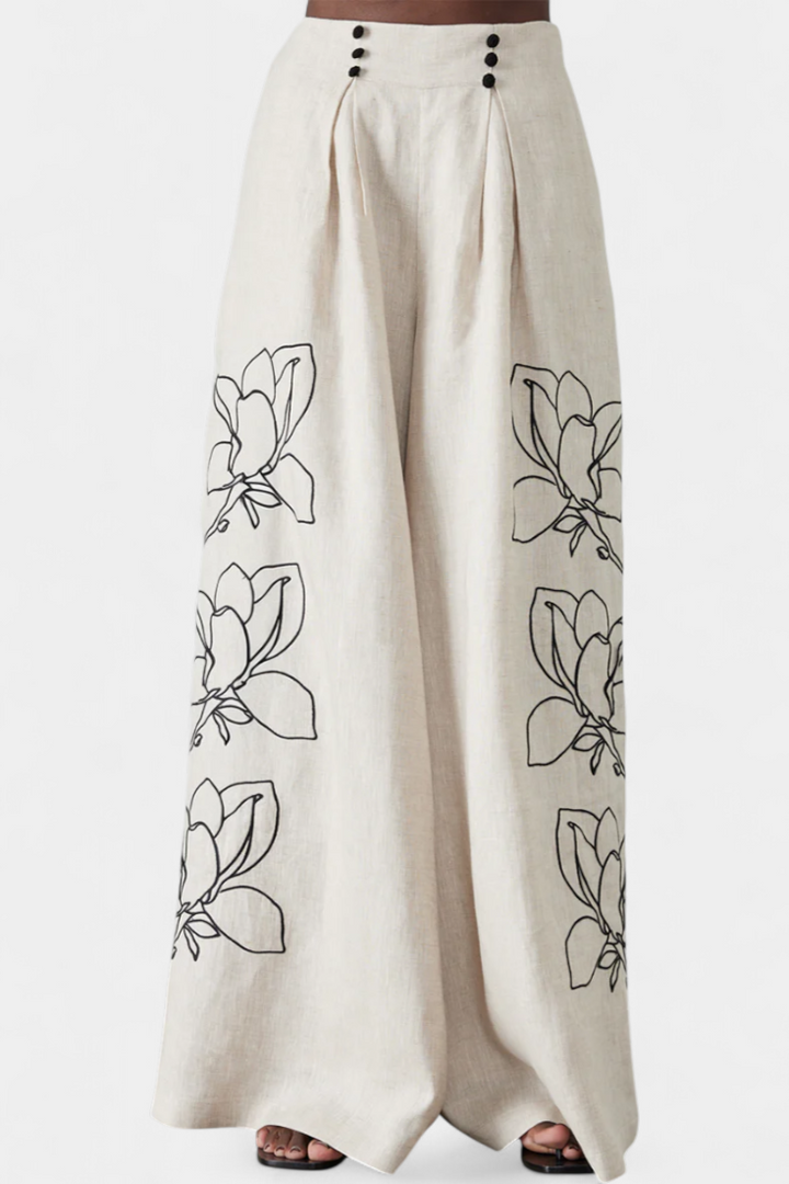 Helen Conjunto Floral de Pantalón Ancho y Manga Globo