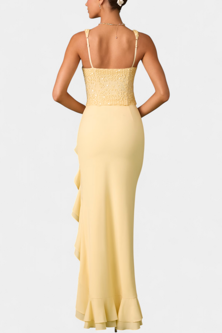 Cindy Vestido Midi Corsé con Volantes Asimétricos