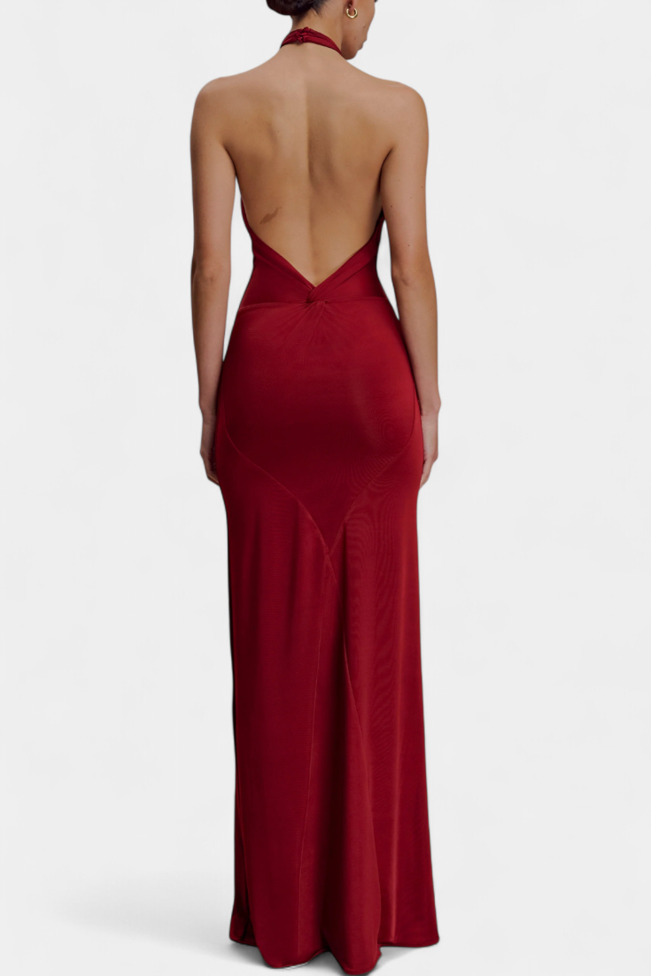 Trinity Vestido Halter Ajustado con Fruncido y Espalda Descubierta