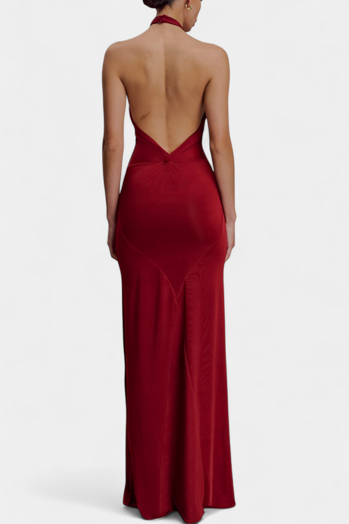 Trinity Vestido Halter Ajustado con Fruncido y Espalda Descubierta