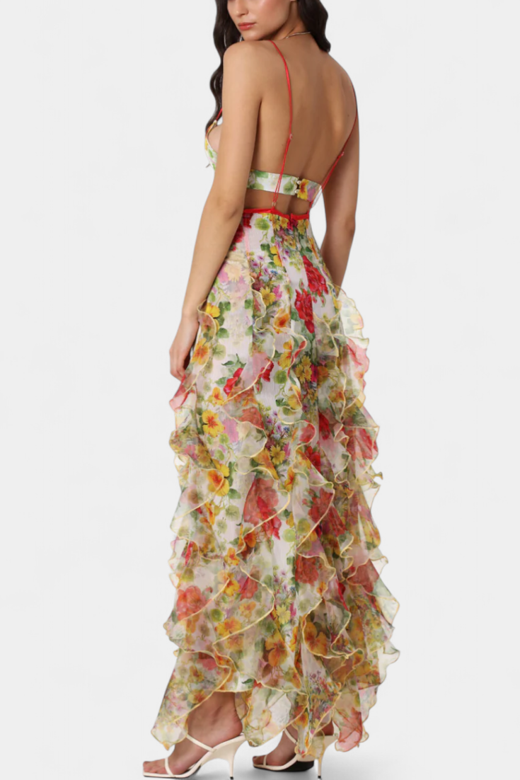 Bonnie Vestido Maxi con Volantes Florales y Corte Lateral