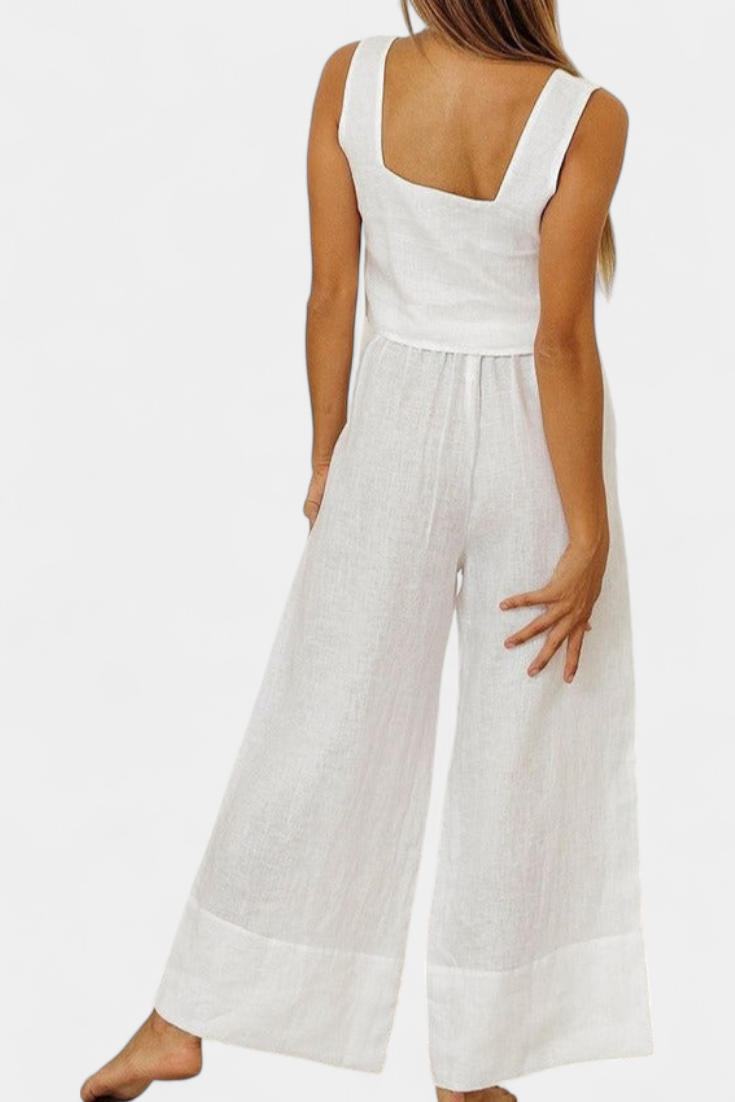 Pascuala Conjunto de Lino de Dos Piezas con Blusa sin Mangas y Pantalón Fluido