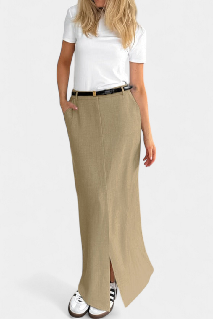 Amani Falda Larga de Cintura Alta con Abertura Frontal y Corte Recto