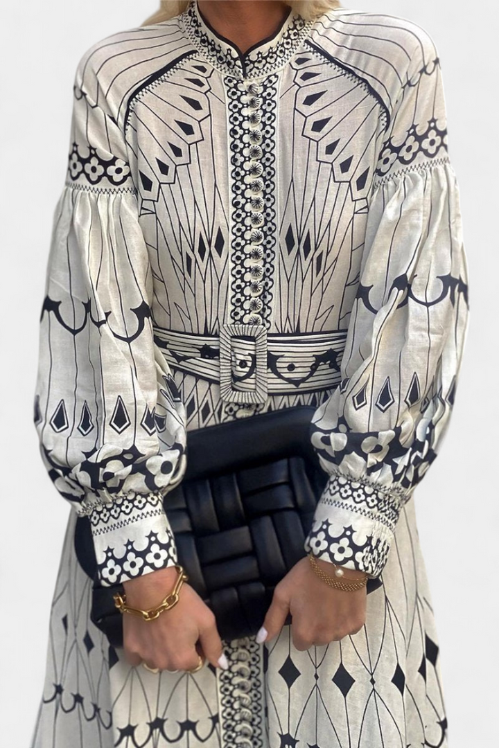 Soria Vestido Maxi Botón Bordado de Estilo Folk