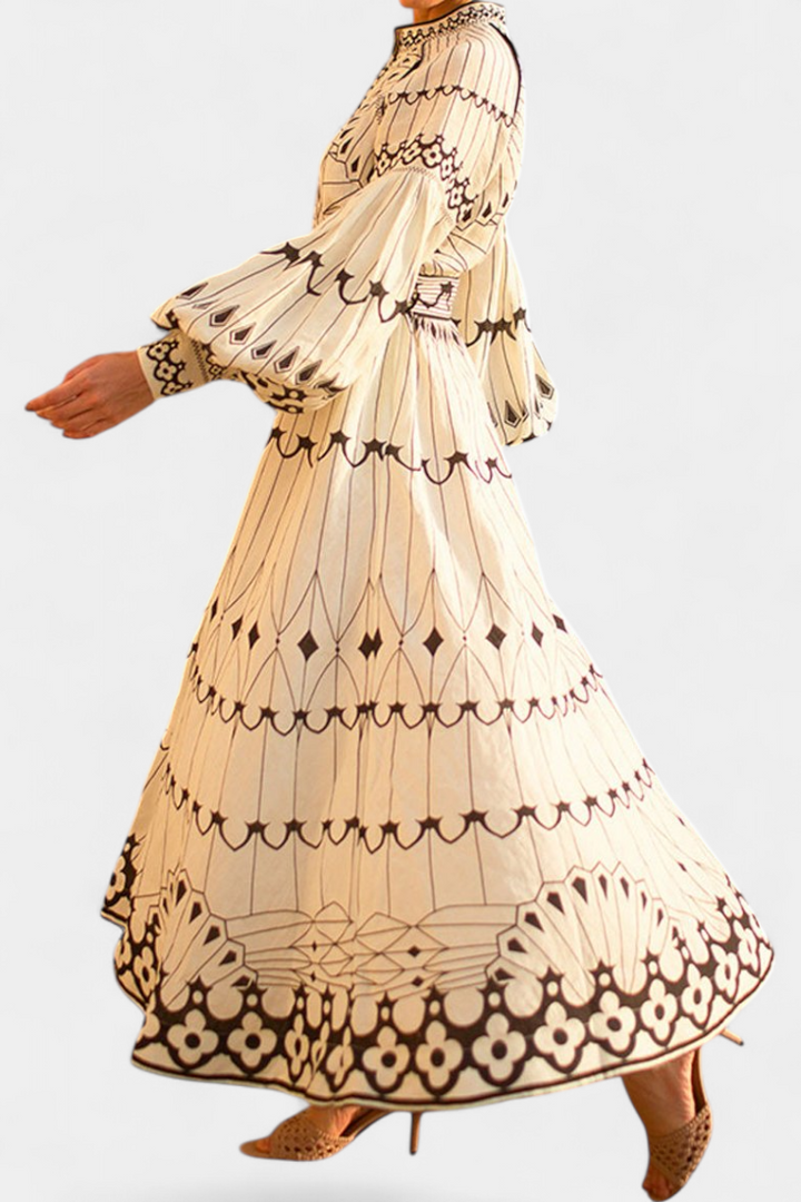 Soria Vestido Maxi Botón Bordado de Estilo Folk