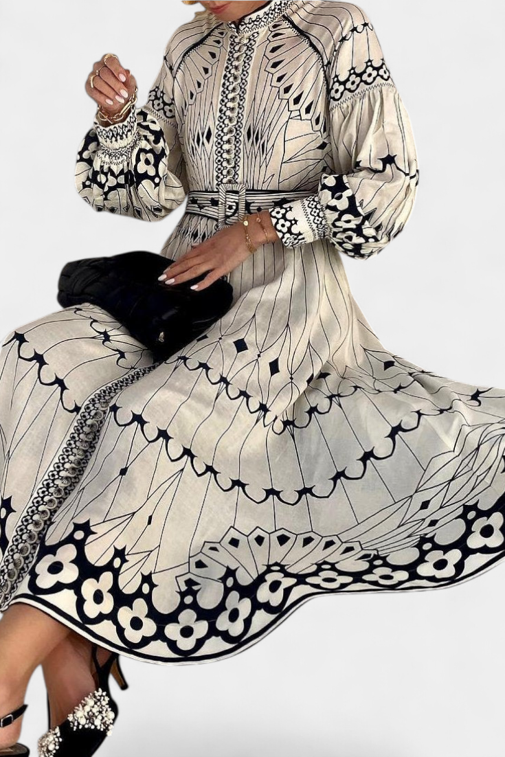 Soria Vestido Maxi Botón Bordado de Estilo Folk