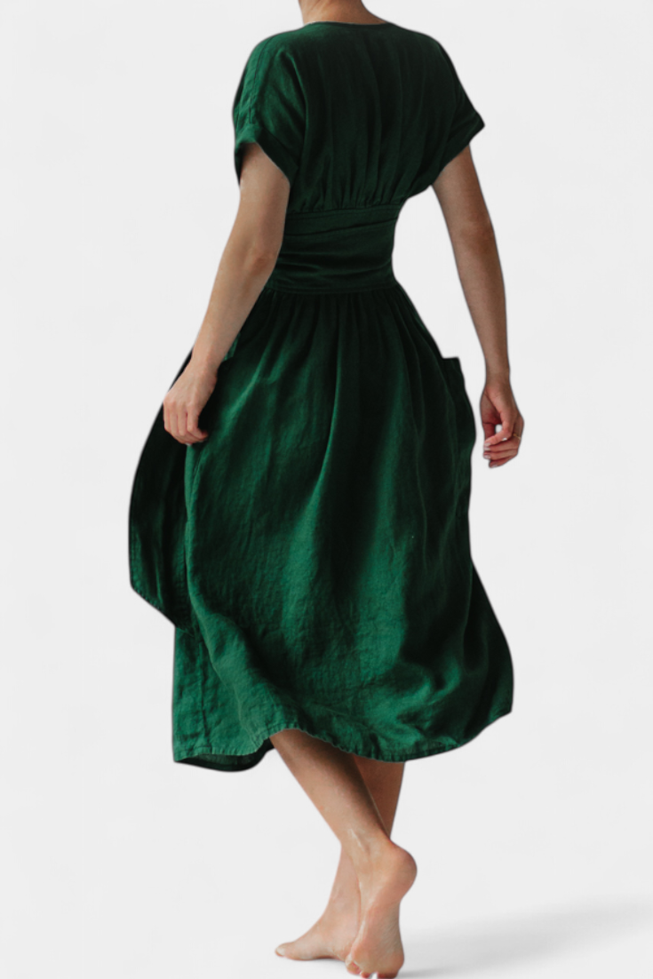 Cressida Vestido de Algodón con Escote en V y Cintura Ajustable