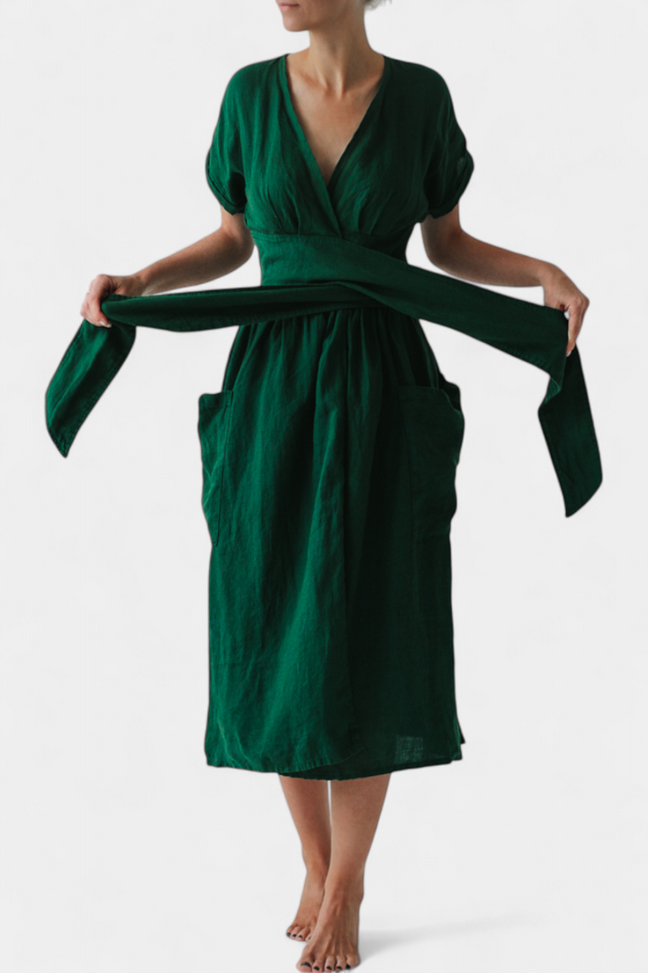 Cressida Vestido de Algodón con Escote en V y Cintura Ajustable