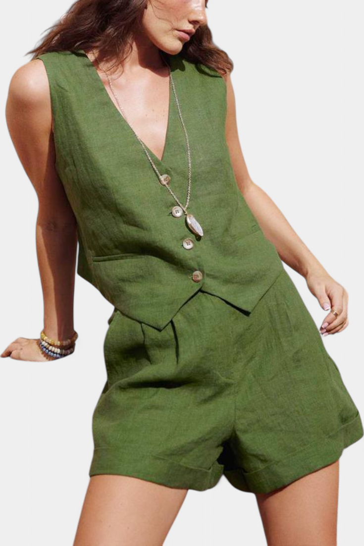 Jennifer Conjunto Chaleco y Pantalones Cortos de Lino Algodón