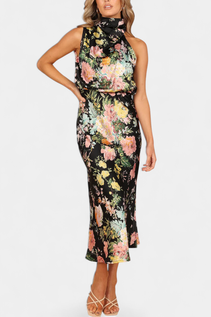 Lisa Vestido Maxi Floral con Cuello Halter y Cintura Elástica