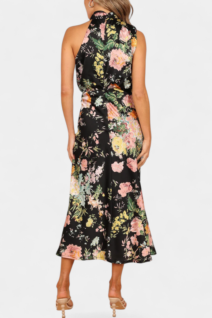 Lisa Vestido Maxi Floral con Cuello Halter y Cintura Elástica