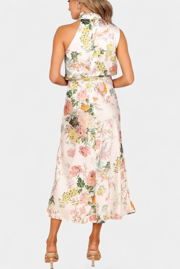 Lisa Vestido Maxi Floral con Cuello Halter y Cintura Elástica