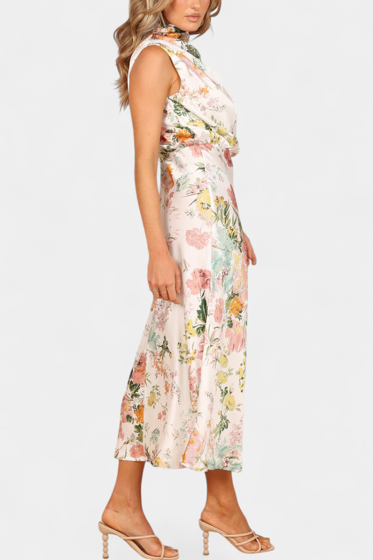 Lisa Vestido Maxi Floral con Cuello Halter y Cintura Elástica