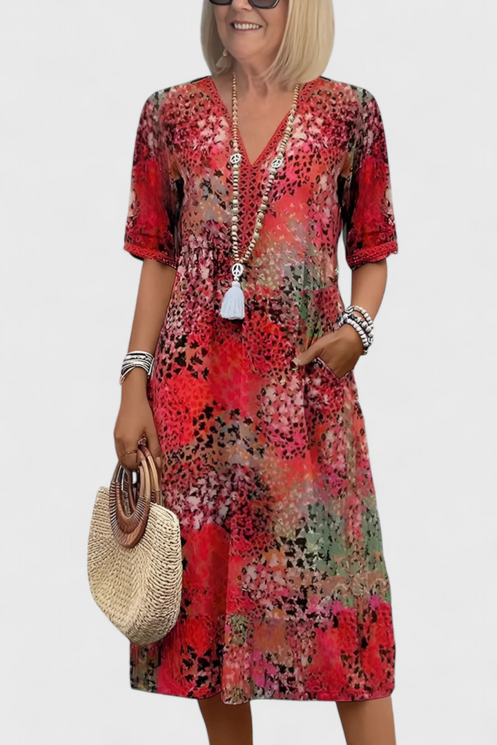 Perla Vestido Boho con Estampado Floral y Detalles en Crochet