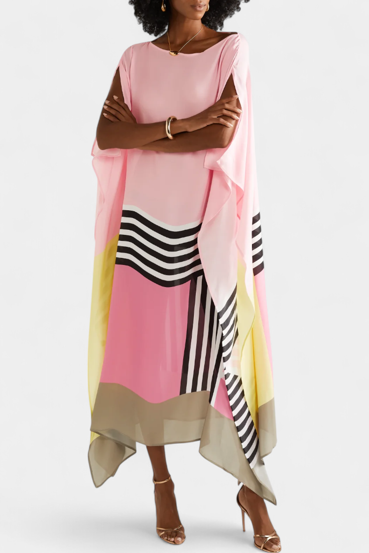 Elenora Caftán Geométrico de Corte Amplio con Tejido Butterfly Mesh