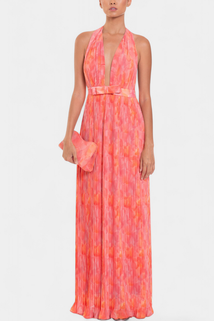 Prisca Vestido Maxi Plisado con Espalda Abierta y Cuello Halter