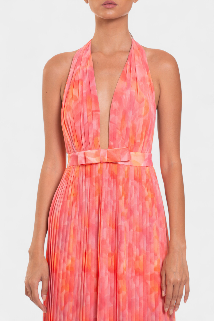 Prisca Vestido Maxi Plisado con Espalda Abierta y Cuello Halter