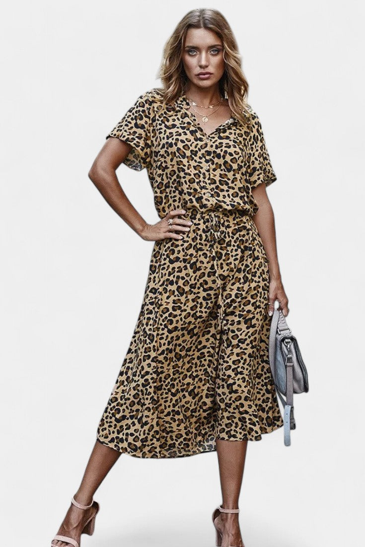 Rovena Vestido Midi de Lunares con Cuello Camisero y Cintura Ajustable