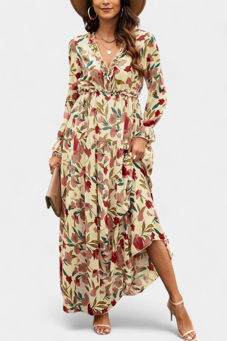 Keti Vestido Maxi Floral con Mangas Largas y Volantes Delicados