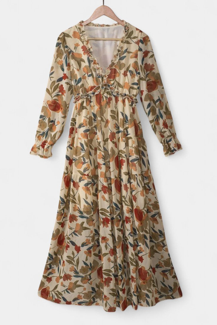 Keti Vestido Maxi Floral con Mangas Largas y Volantes Delicados